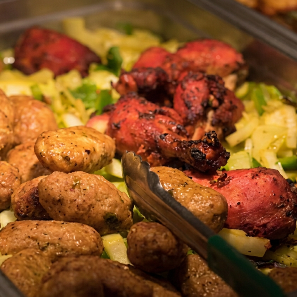 Buffet tray filled with grilled chicken skewers, meatballs, roasted vegetables, and red-marinated meats.
