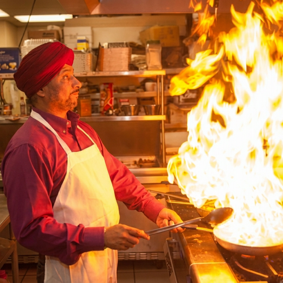 Restaurant chef in a red turban and apron flambés food in a pan over an intense open flame in the commercial kitchen.