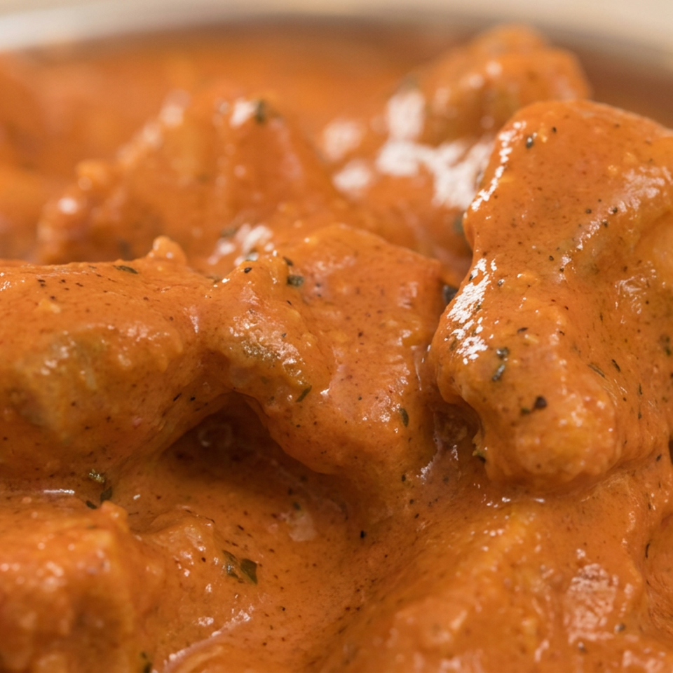 Close-up of tender chicken pieces coated in creamy orange curry sauce with herbs and spices.