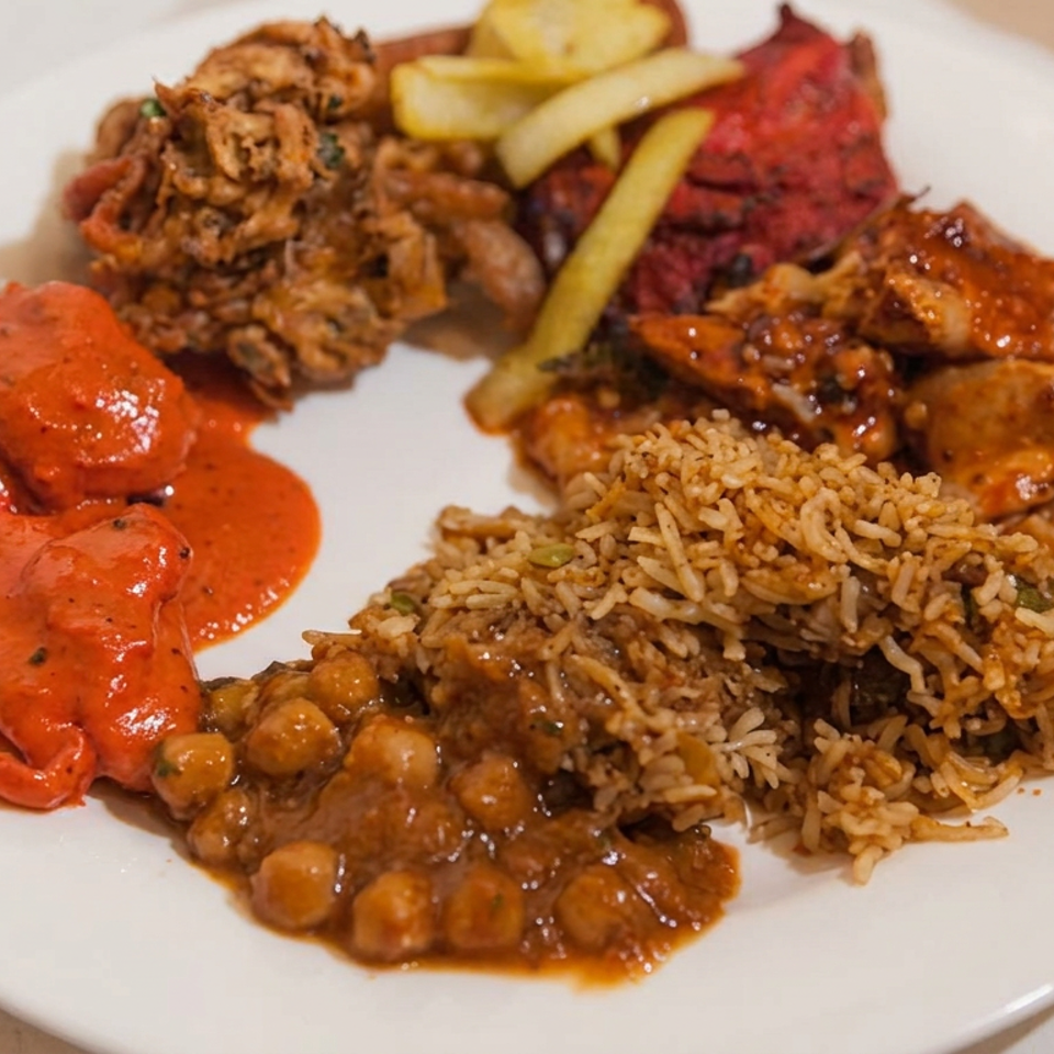White plate featuring spiced rice, chickpea curry, creamy red curry, grilled meats, fried vegetables, and pickled garnish.