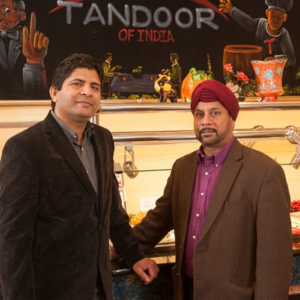Two men pose beside an Indian restaurant buffet beneath a mural reading “Tandoor of India.”