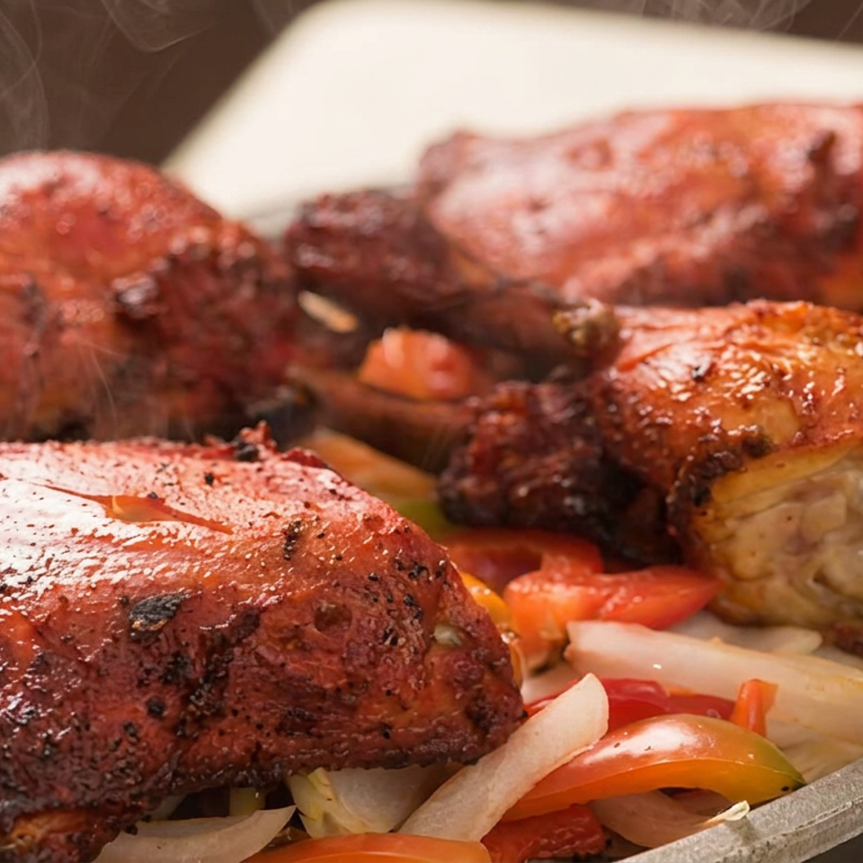 Steaming grilled chicken pieces served on a sizzling platter with roasted onions, tomatoes, and green peppers.