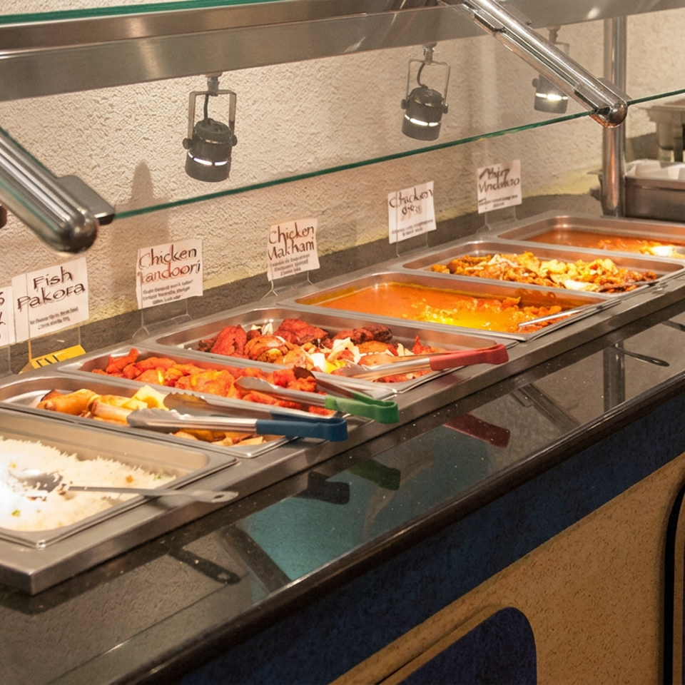 Indian buffet counter displaying basmati rice, spring rolls, fish pakora, chicken tandoori, chicken makhani, and other hot dishes.