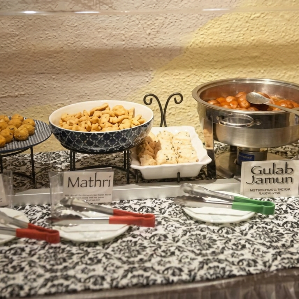 Indian dessert buffet featuring laddoo, mathri, gulab jamun, savory pastries, serving utensils, and labeled dishes.