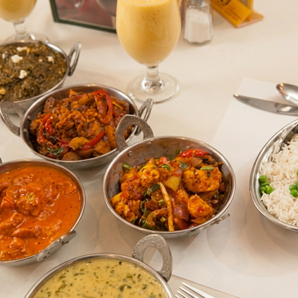 Indian meal spread with several curries, vegetable dishes, basmati rice with peas, and mango drinks on a restaurant table.