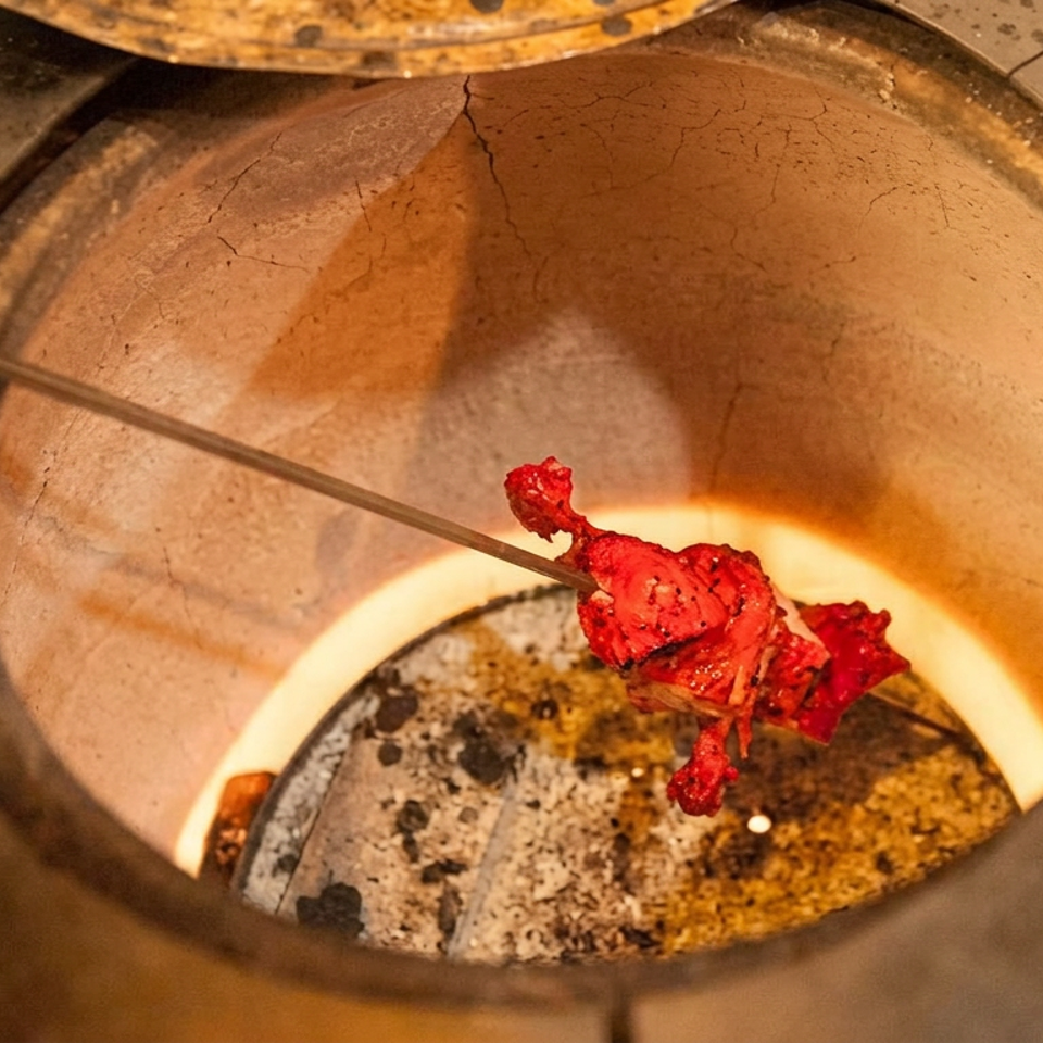 Red-marinated meat cooks on a skewer inside a traditional clay tandoor oven.