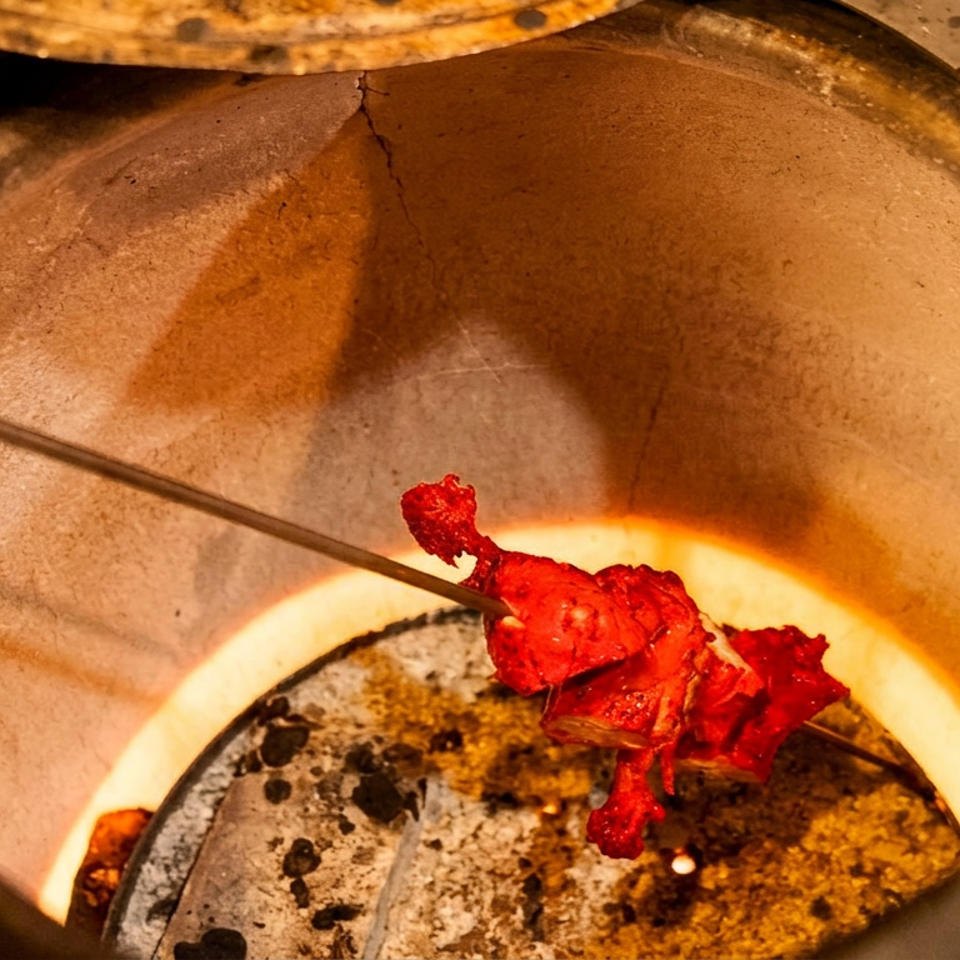 Skewered red-marinated meat cooks over open flames inside a traditional clay tandoor oven.