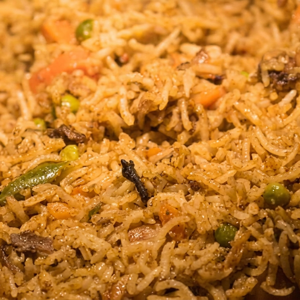 Close-up of spiced rice pilaf with green peas, carrots, green peppers, and chunks of meat.
