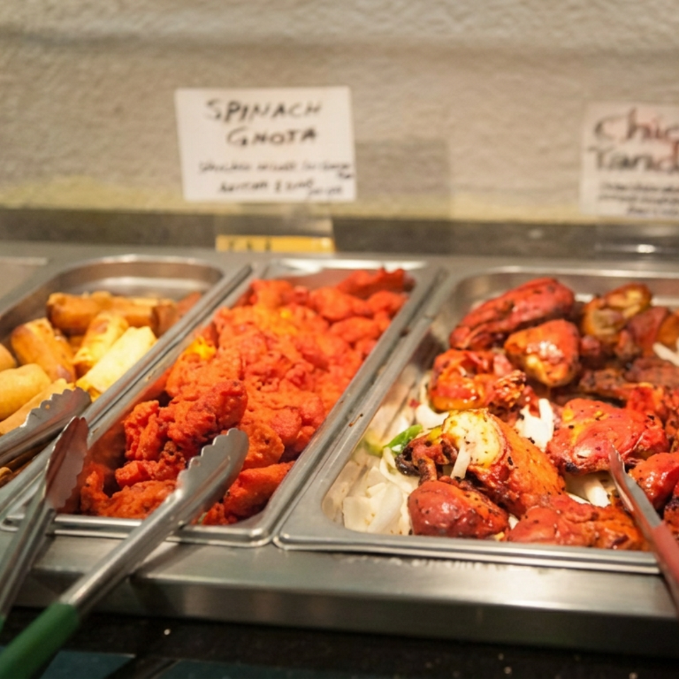 Buffet trays display golden spring rolls, crispy spinach fritters, and red tandoori chicken beneath handwritten labels.