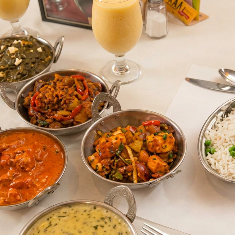 Indian meal spread featuring assorted curries, vegetable dishes, basmati rice with peas, lentils, and mango drinks on a restaurant table.